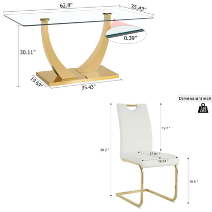 Sumdeal 63" Glass Dining Table with PU leather C-shape Metal Leg Chairs,Dining Furniture sets for Dining Room,Modern Dining Table sets for 4-6 people