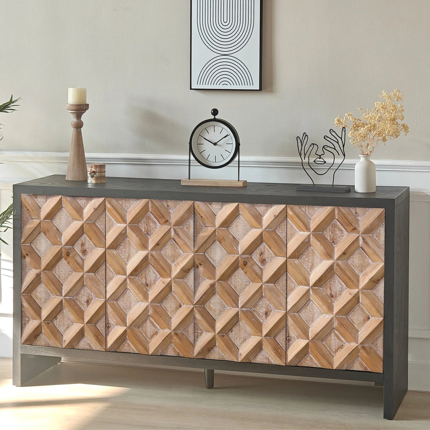 Rustic 4 - Door Wood Cabinet with Geometric Pattern – Modern Storage Solution for Any Space