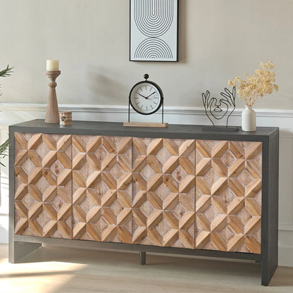 Rustic 4 - Door Wood Cabinet with Geometric Pattern – Modern Storage Solution for Any Space