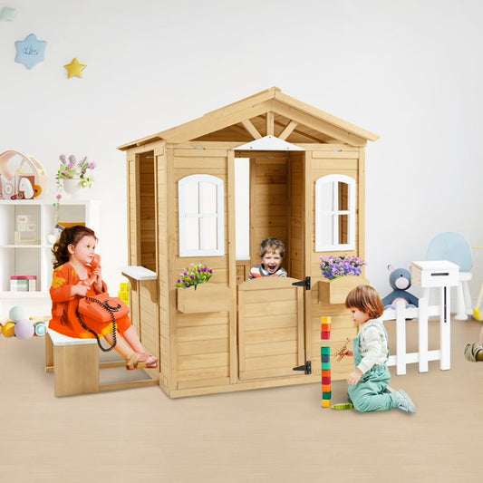 iYofe Outdoor Playhouse, Wooden Kids Playhouse with Working Door, Windows, Mailbox, Bench, Flowers Pot Holder, Toddler Playhouse for Kids Outdoor Indoor Playset for Kids 3-6 Years Old, Natural