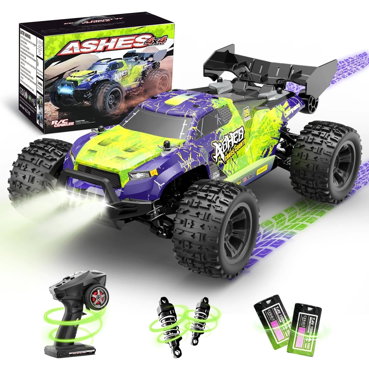LOHEER 1:18 Fast RC Cars for Adults, 35+KM/H 4WD Off-Road RC Truck, Remote Control Monster Truck with 2 Batteries & LED, Perfect Gift for Adults & Kids Outdoor Terrain Racing