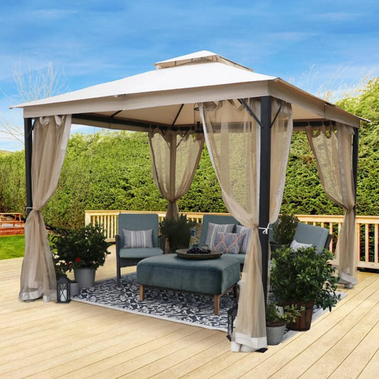 10'x10' Patio Gazebo with Mosquito Netting and Curtains, Outdoor Double Soft Roof Gazebo with Rust-Resistant Metal Frame, Waterproof and UV Protection, Gazebo Canopy for Backyard Garden Lawn, Beige
