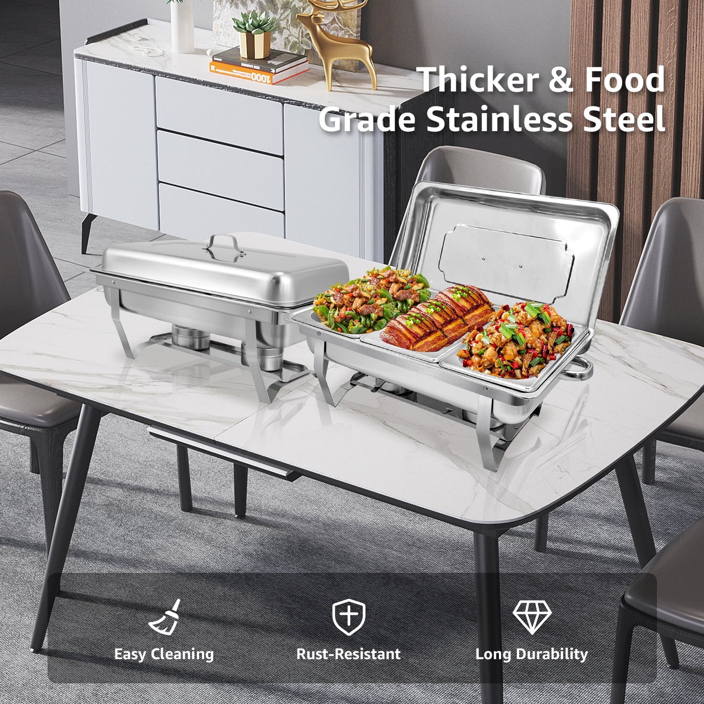 Chafing Dish Buffet Set 4 Pack, PRIJESSE 9QT Stainless Steel Chafing Dishes 3* 1/3 size food pans for Buffet, Chafers and Buffet Warmers Sets for Parties, Events, Wedding, Camping, Dinner