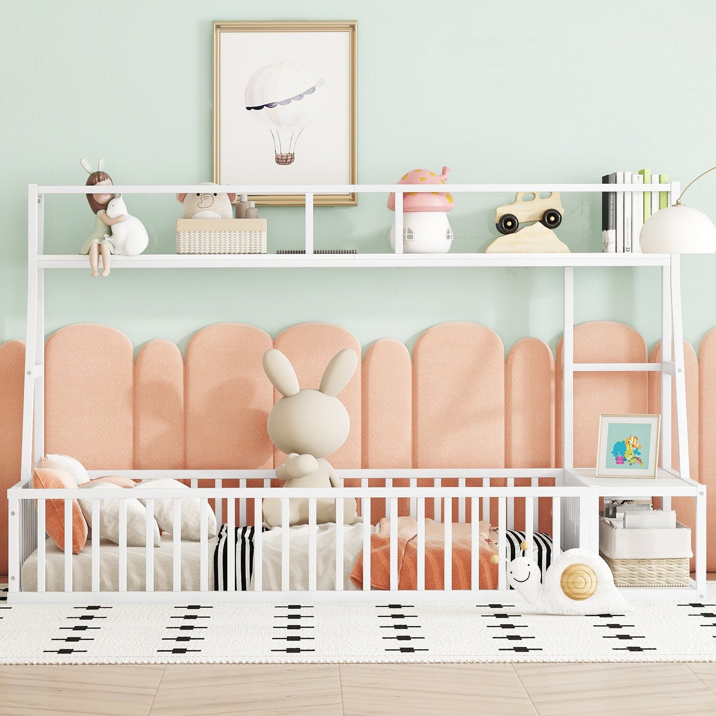 VLDTDRDI Twin Size Toddler Floor Bed with Desk and Storage Shelves,Playhouse Floor Bed Frame for Kids,Metal Floor Bed Twin Size with Safety Guardrails,Bed Twin Size for Girls,Boys