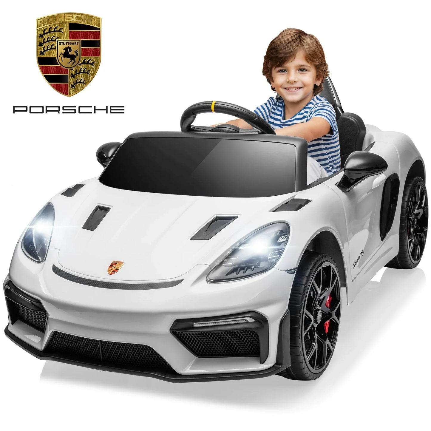 12V Porsche 718 Spyder Kids Ride on Toys Car with Parents Control, Toddler Car with 4 Wheel Suspension Design, Kids Electric Car with Bluetooth/MP3/Lights, Kids' Electric Vehicles for Aged 3-5, White
