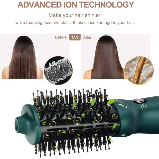 Aima Beauty Hair Dryer Brush Dual Voltage Worldwide Travel Blow Dryer Brush Hot Air Brush with Oval Barrel 360¡ãAirflow for Smooth,Negative Ionic Frizz-Free Drying/Straightening/Voluming, Dark Green