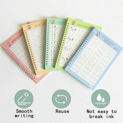 Rizulfey Grooved Magic Practice Copybook, Reusable Writing Workbook for 3 8 Kids,(5Books with 2Pens)