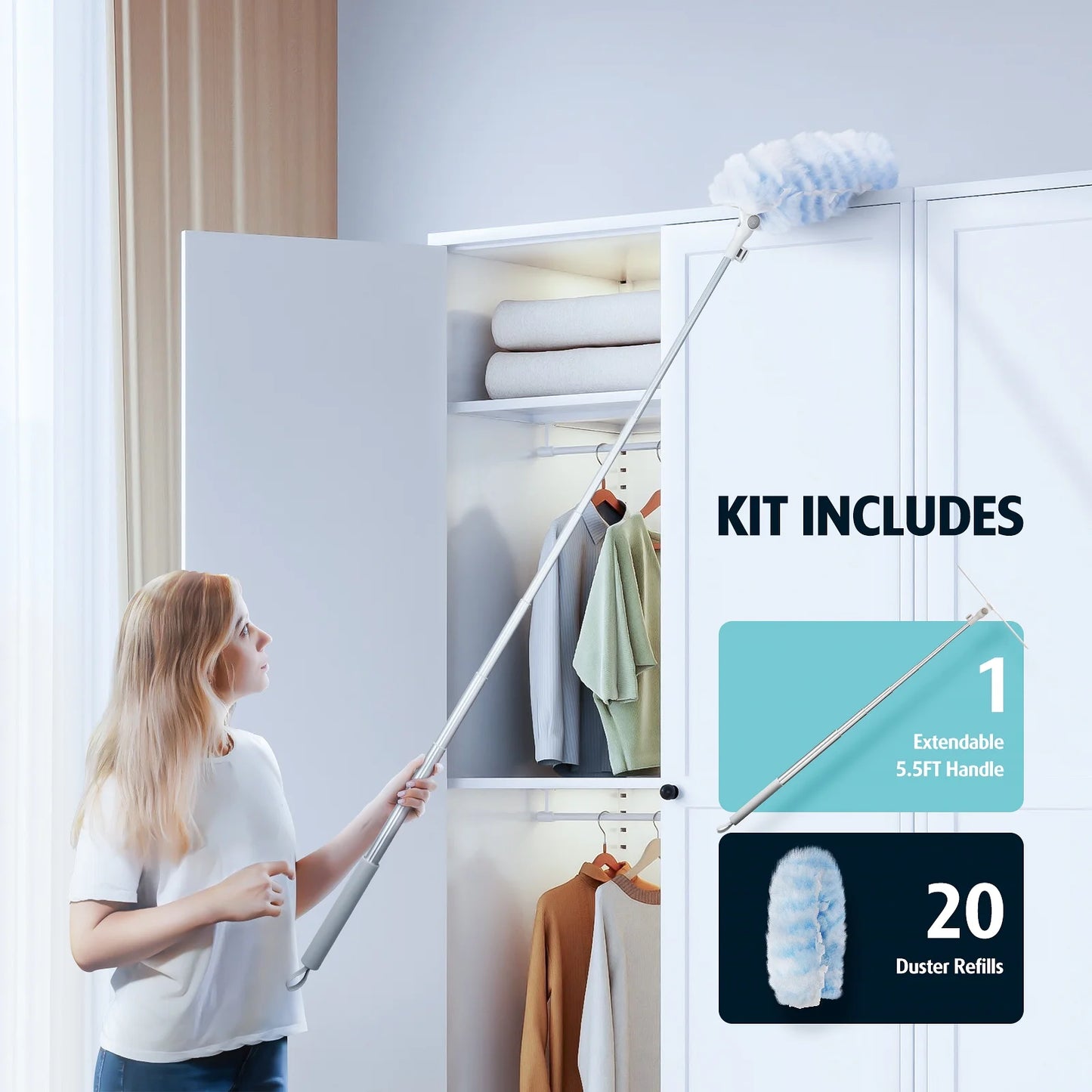 Duster Refills 360 for Swiffer 20 pcs 5.5FT Extension Handle Featuring 5x Powerful Dust Removal Disposable Feather Duster Multi Surface Refills Super Efficient Duster Kit Compatible with Swiffer D