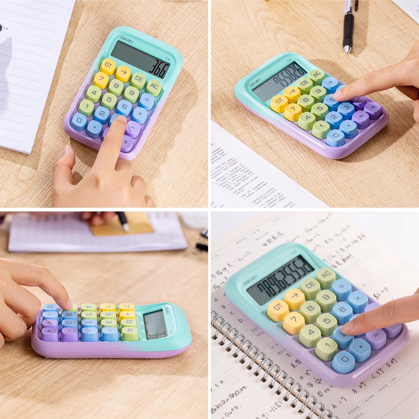 Deli Mechanical Switch Calculator with Battery, 10 Digit Large LCD Display, Big Buttons, Purple