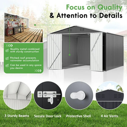 NETAJE 10'x10' Outdoor Metal Shed with Updated Frame, Lockable Doors & Sliding Roof for Backyard, Garden, Gray