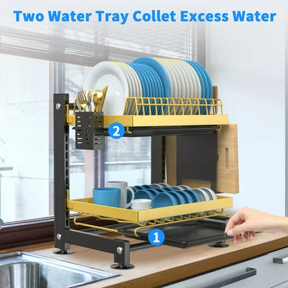 VAVSEA Dish Drying Rack for Kitchen Counter, 2 Tier Dish Rack, Rust-Proof Dish Drainer with Cutting Board & Utensil Holder, Stainless Steel, Black Gold