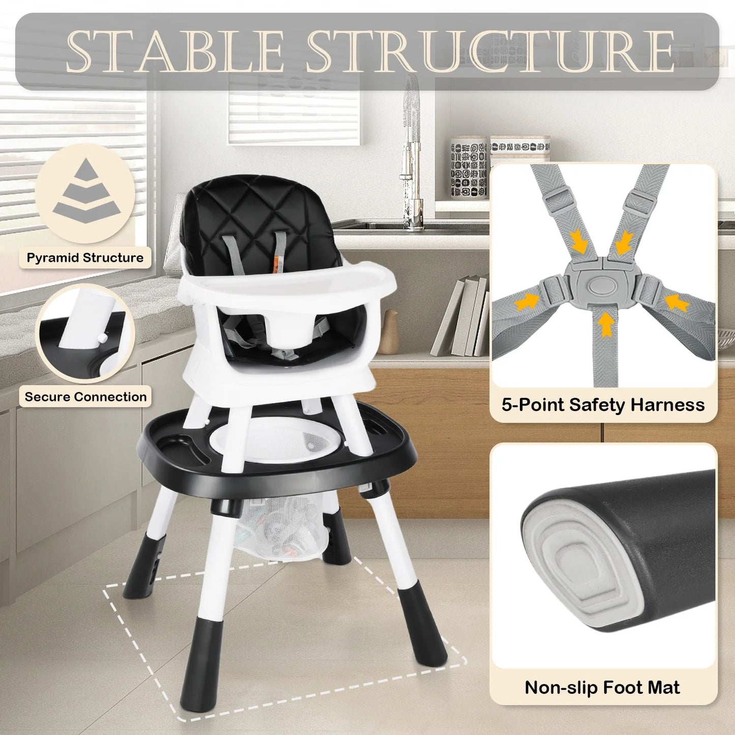 LINLUX 15 in 1 Baby High Chair, Toddler Booster Seat for Eat, Infant Dining Chair w/Stool, Black