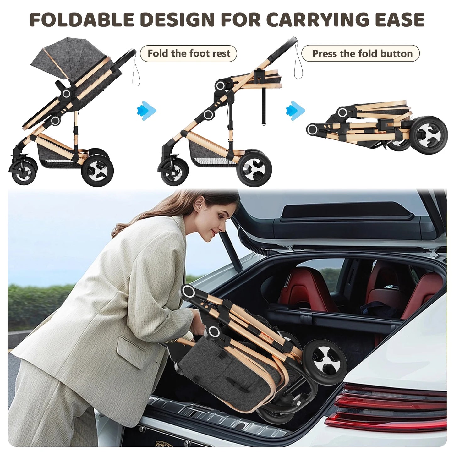 LINLUX 3 in 1 Convertible Baby Stroller, Infant Bassinet Stroller with Big Wheel, Kids Pushchair Rose Gold