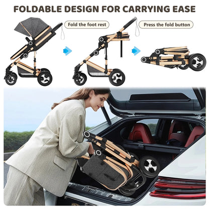 LINLUX 3 in 1 Convertible Baby Stroller, Infant Bassinet Stroller with Big Wheel, Kids Pushchair Rose Gold