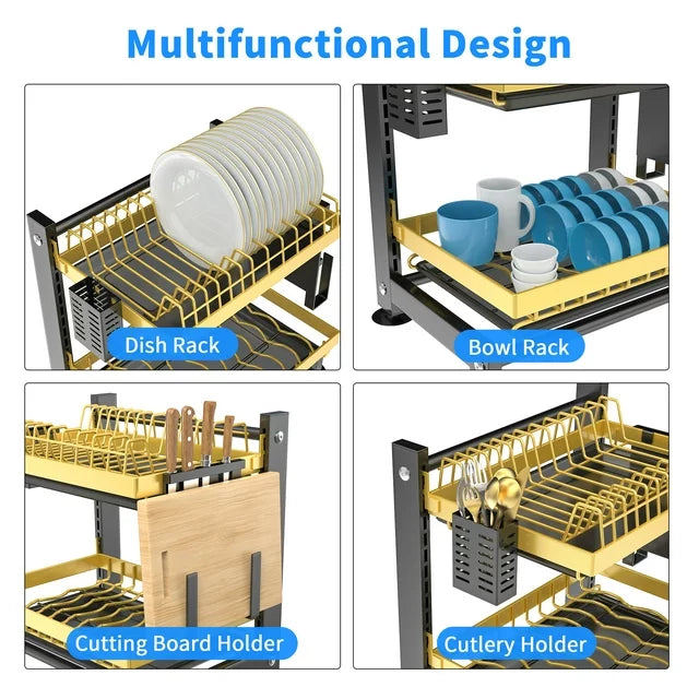 VAVSEA Dish Drying Rack for Kitchen Counter, 2 Tier Dish Rack, Rust-Proof Dish Drainer with Cutting Board & Utensil Holder, Stainless Steel, Black Gold