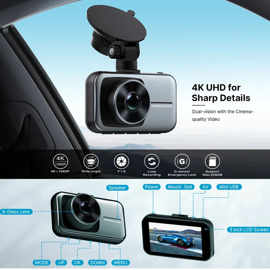 Toguard 4K Dash Cam Front and Rear 3 inch Dual Dash Camera, with 1080P Waterproof Car Camera, Loop Recording, G-Sensor, Night vision, Parking Monitor, WDR