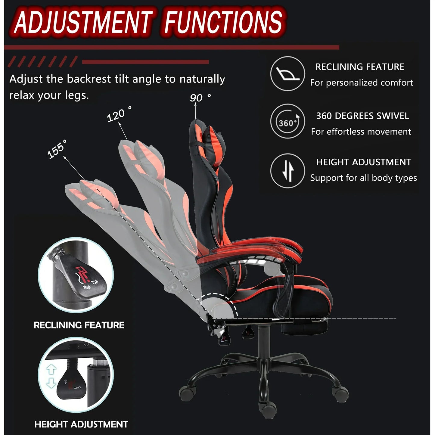 VIOLHEDO Gaming Chair with Lumbar Pillow Footrest PU Computer Racing Chair Red