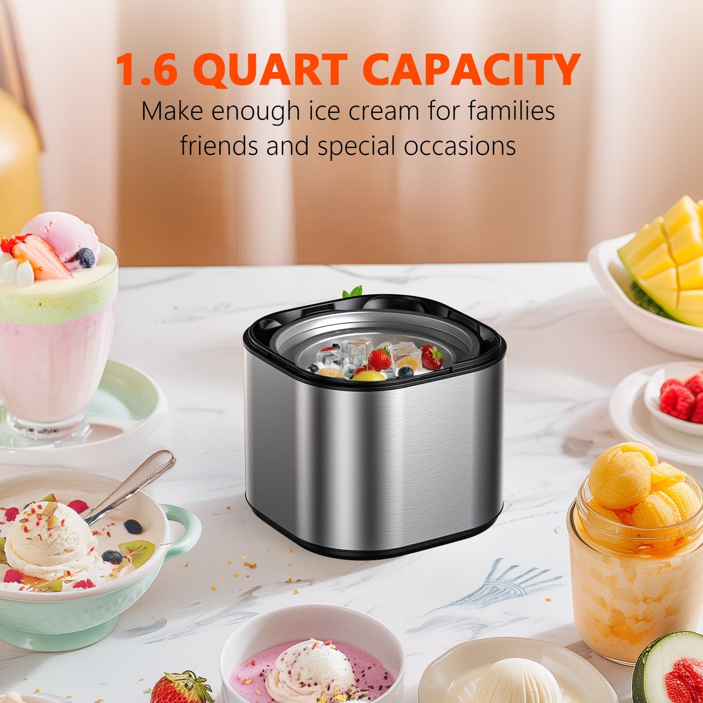 Ice Cream Maker with Three Modes, Frozen Yogurt Machine with LCD Screen & Timer, 1.6 Qt Double Insulated Freezer Bowl, Sorbet Maker, Stainless Steel