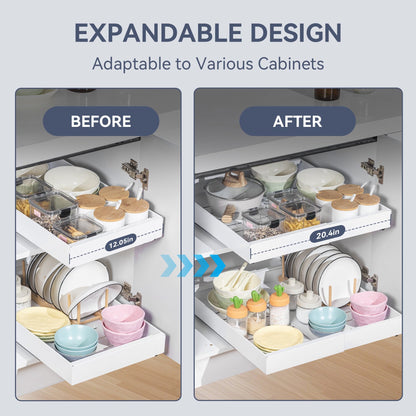 Pull out Cabinet Organizer, Adjustable Width 12.2"-20.1" Expandable Slide out Drawers Storage Rack, Pull-out Shelf Storage for Kitchen Pantry Bathroom Organization (White)