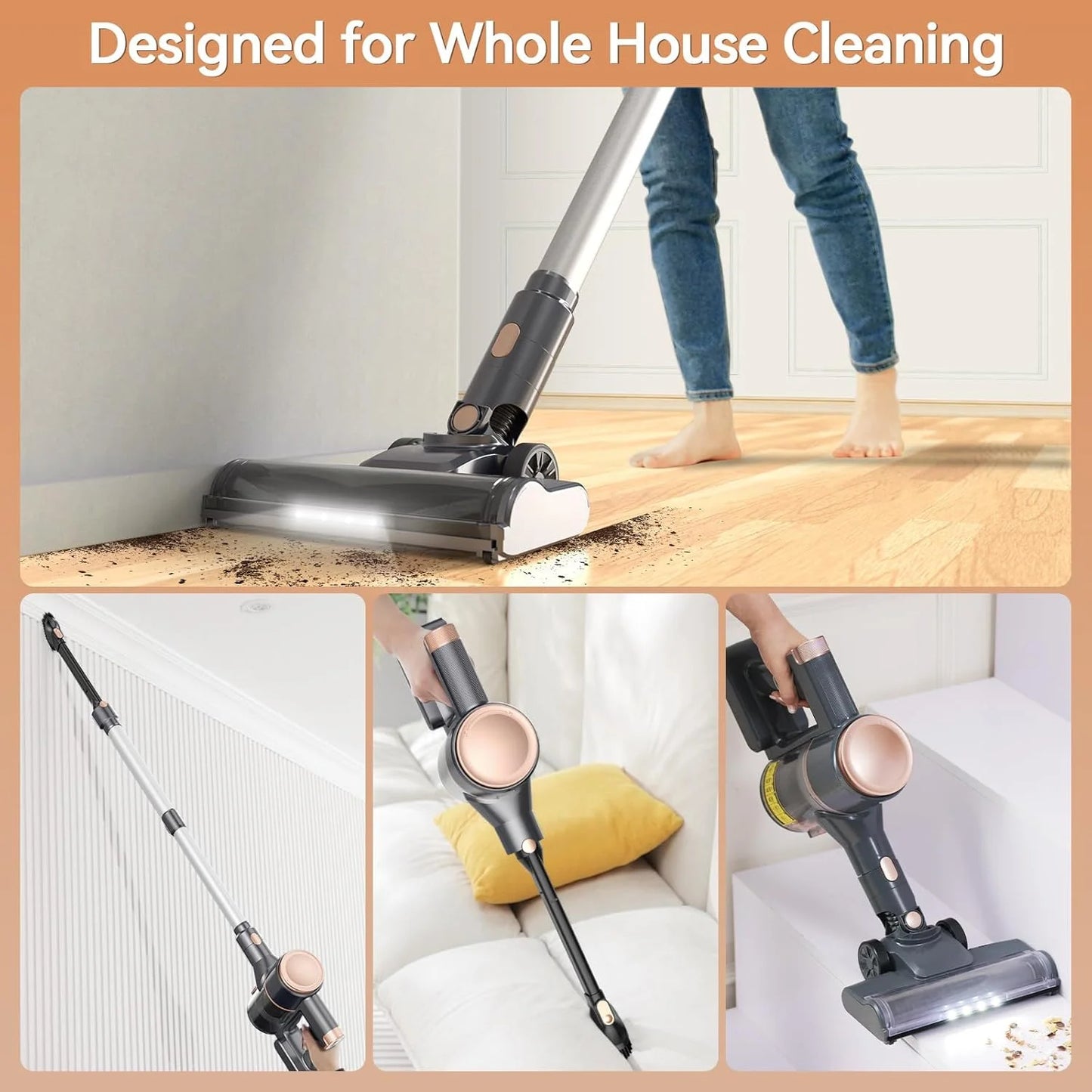 N8 Cordless Vacuum Cleaner,20Kpa 40 Mins Runtime Lightweight Stick Vacuum,Self-Standing, Rechargeable Vacuum Cleaners for Pet Hair,Carpet,Hardwood Floor (Gold)