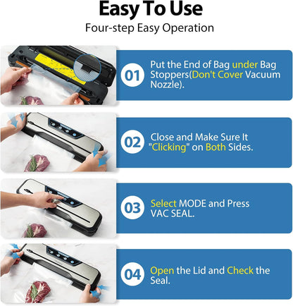 Vacuum Sealer, 80Kpa Food Sealer Machines Automatic Air Sealing System with Vacuum Hose & 10Pcs Bags Starter Kit, 5 Modes for Dry & Moist Food Storage Sous Vide