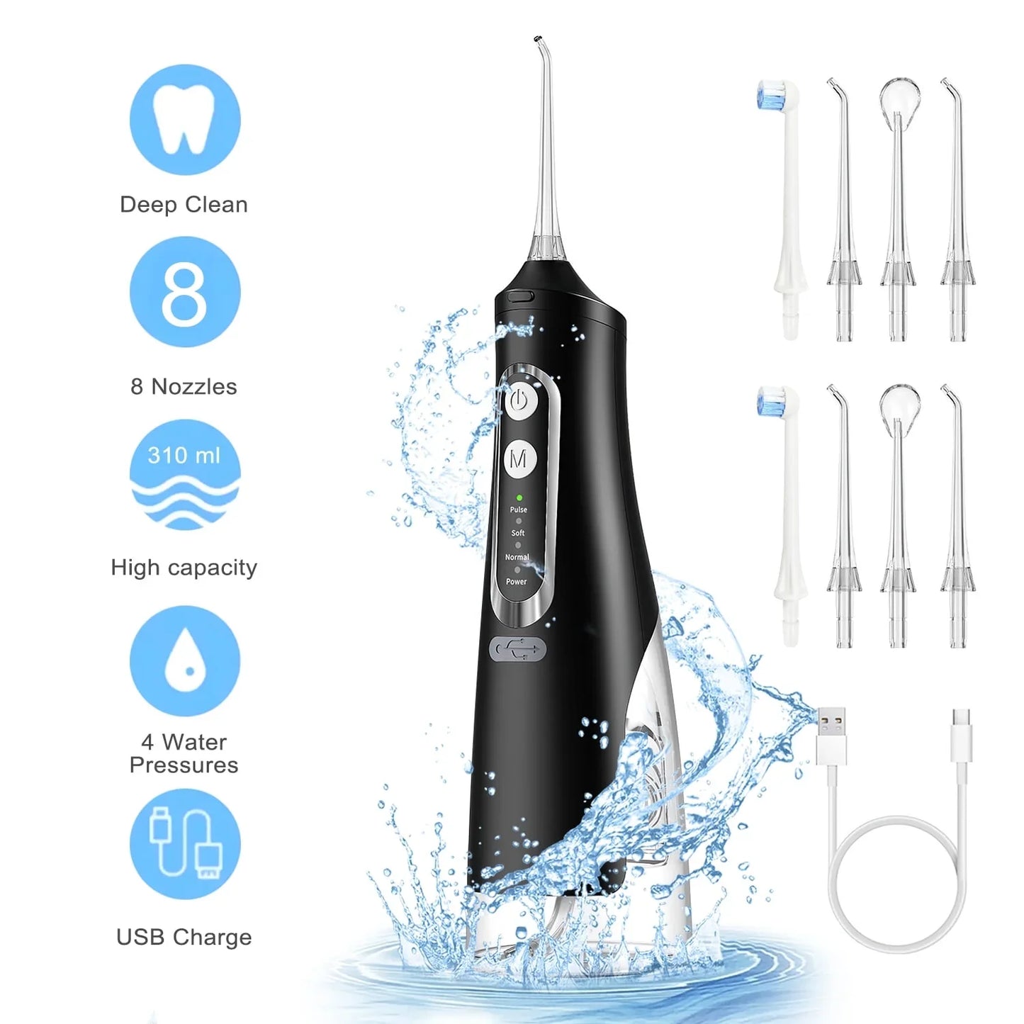 Cordless Water Flosser, Portable Dental Teeth Cleaner, 310ML Tank USB Rechargeable Dental Oral Irrigator for Home and Travel, 4 Modes 8 Jet Tips, IPX7 Waterproof, Easy-to-Clean（Black）