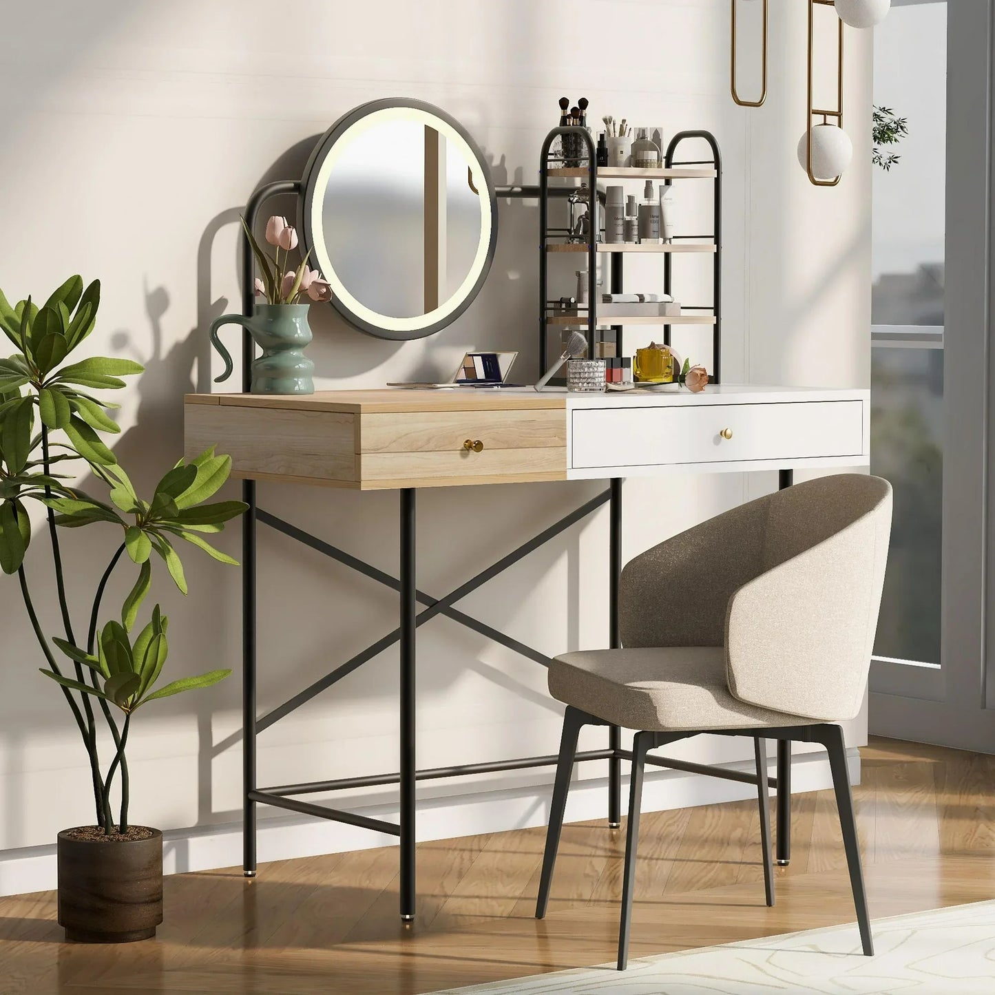 ENYOPRO Makeup Vanity Table with 3-Mode Lighted Mirror & Wireless Charging Station, Modern Makeup Desk, Dressing Table with Drawer & 3 Open Shelves, White