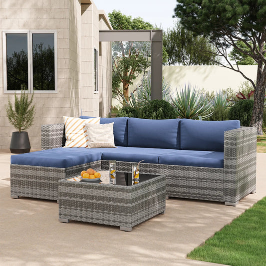 UDPATIO Patio Furniture Set 5 Pieces Modular Outdoor Couch with Glass Coffee Table, L Shaped Wicker Sectional Sofa Patio Conversation Set for Backyard Porch Balcony