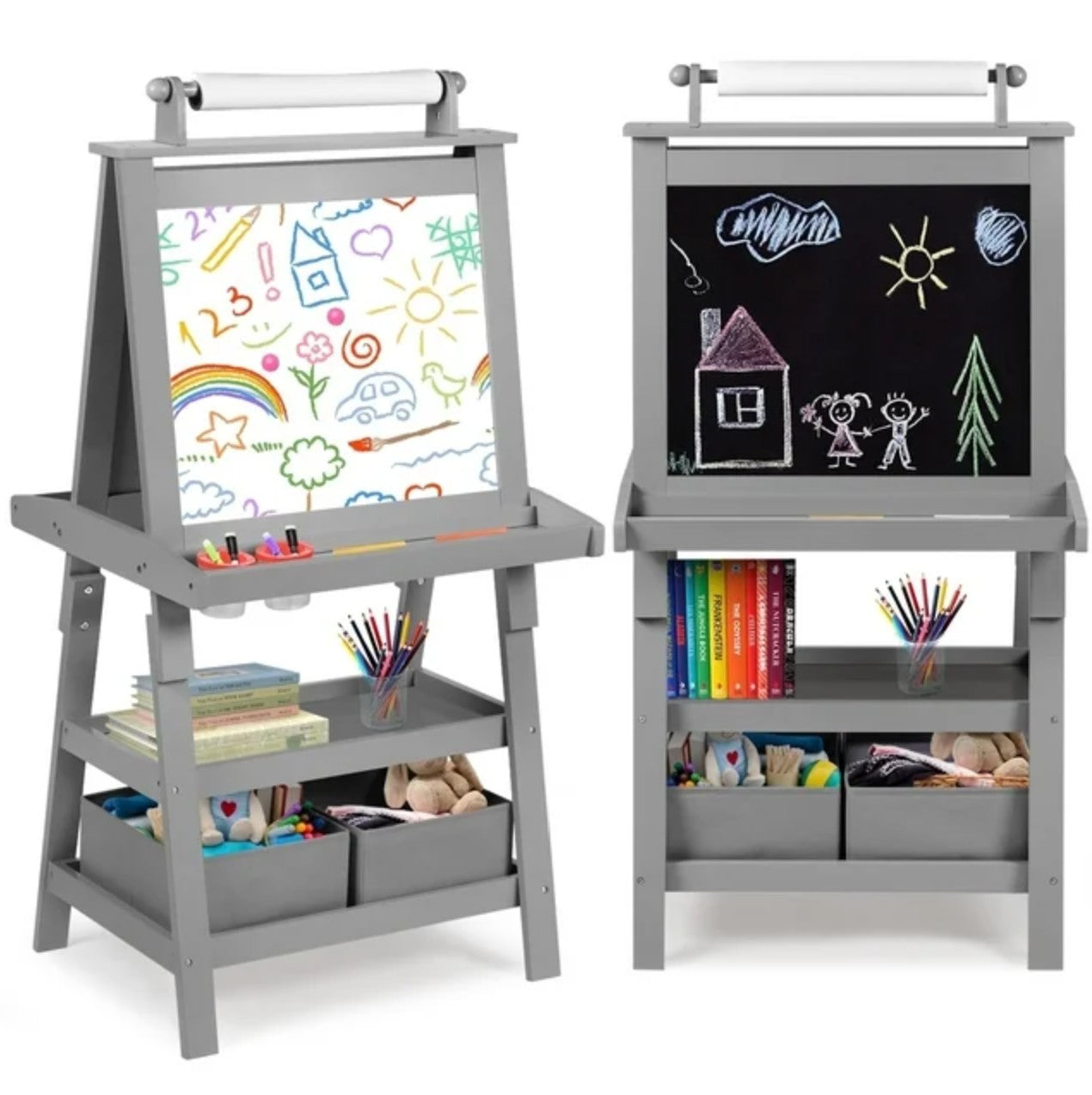 LINLUX 3 in 1 Art Easel for Kid, Whiteboard for Kid with Stand, Magnetic Chalkboard Pizarra, Grey