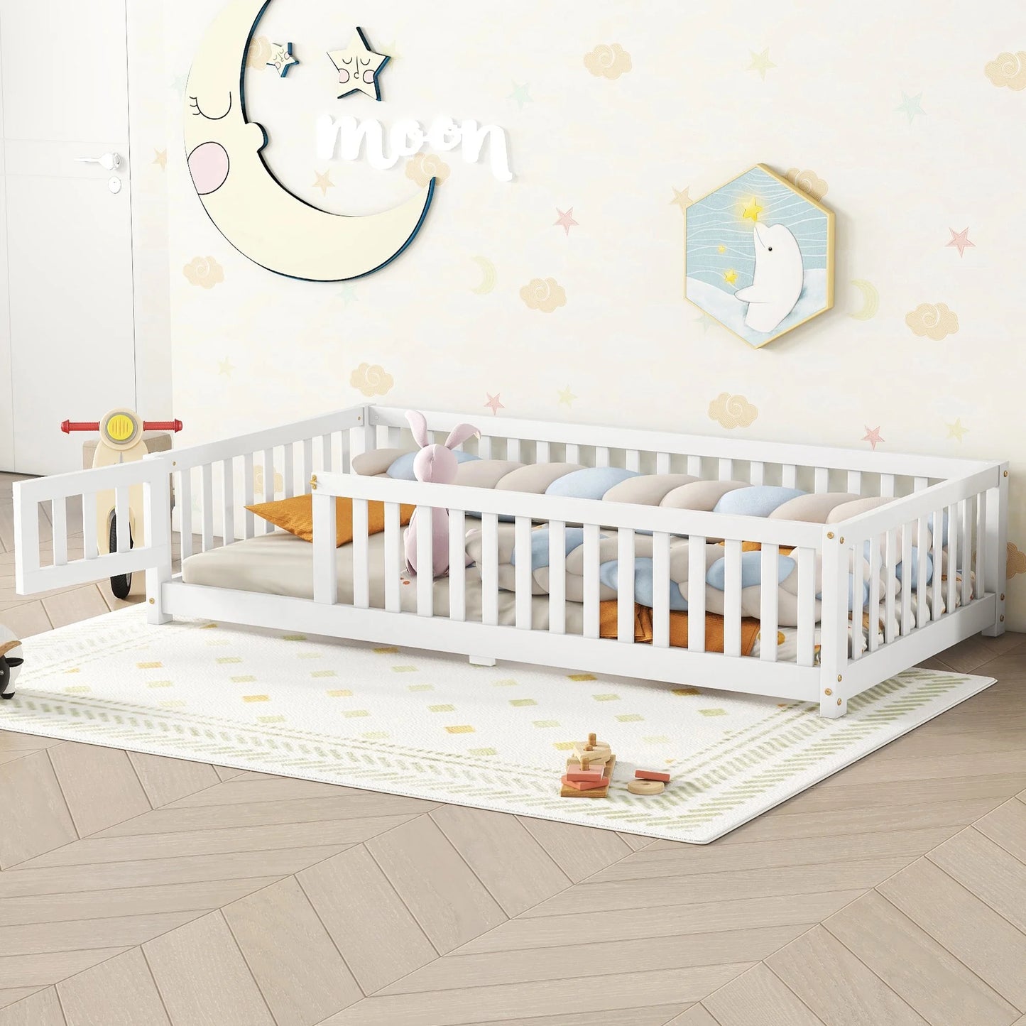 Segmart Wooden Twin Bed for Kids - Toddler Floor Bed Frame with Removable Guard Rails, Kids Bed for Ages 2-7 Years, Kid Bed for Girls and Boys, Standard Crib Size(Mattress Not Included), White