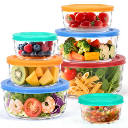 14 Pcs Glass Food Storage Containers Set - 7, 4, 2 & 1-Cup Round Containers with Lids, BPA-Free, Dishwasher & Microwave Safe Lunch Box