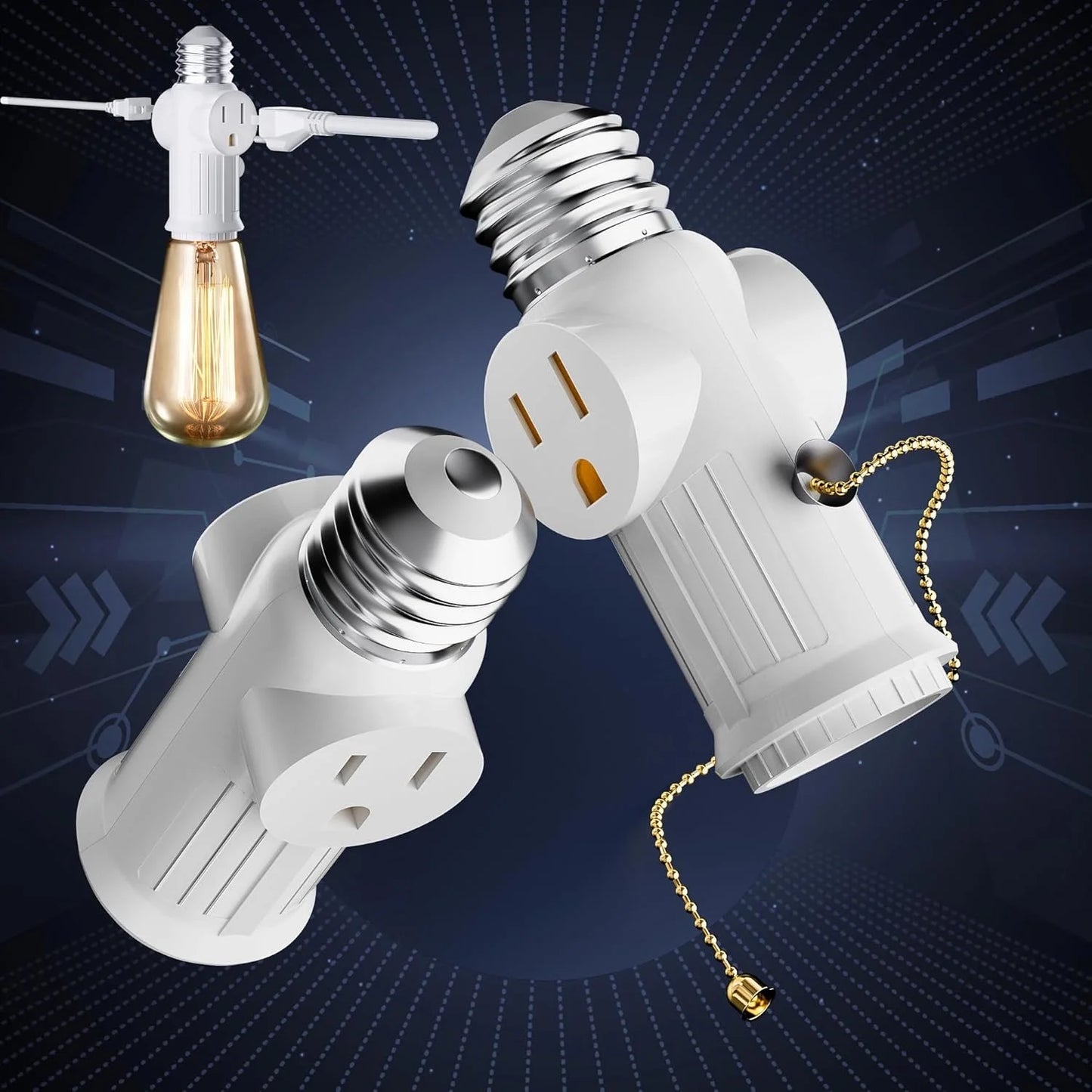 Light Socket to Plug Adapter, 2-Pack Pull Chain 2/3 Prong Light Socket Adapter E26/E27 Light Bulb Outlet Socket Polarized Plug Converter for Garages, Living Rooms, hallways, and More
