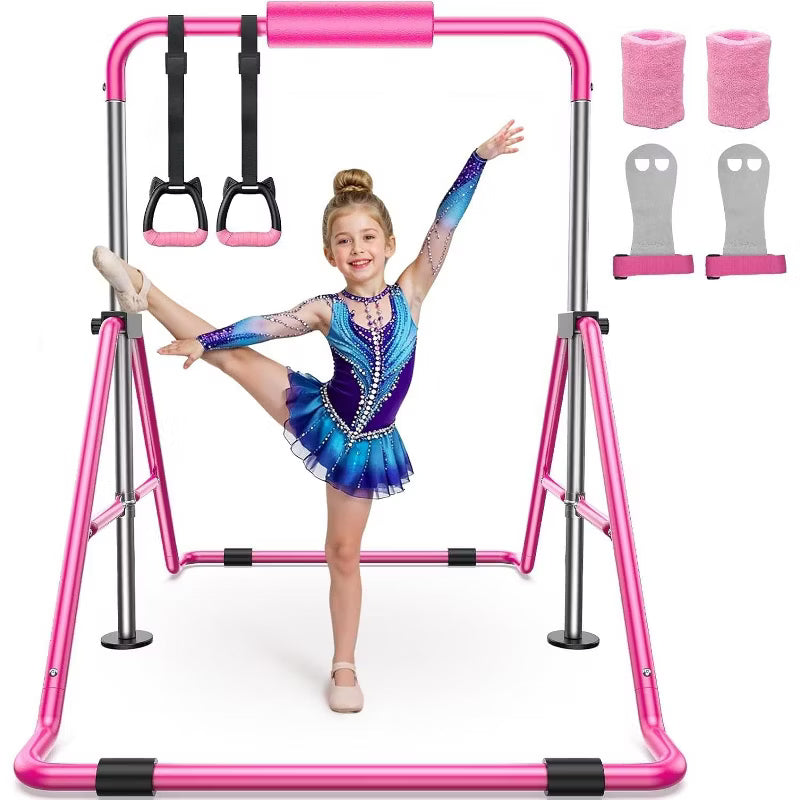 Sportsroyals Gymnastics Bar for Kids,Adjustable Height Gymnastic Horizontal Bars,Folding Gymnastic Junior Training Kip Bar for Home, Pink