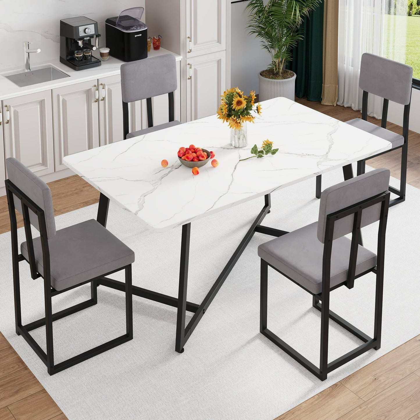PAPROOS Dining Table Set for 4, 5 Piece Dining Room Table Set with Faux Marble Top and Fabric Upholstery Chairs, Modern Dinette Sets for Breakfast Nook, Kitchen Table and Chairs Set, White&Gray