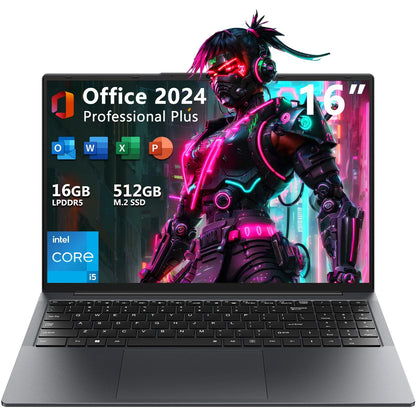16" Laptop Computer,Intel Core i5,16GB RAM 512GB SSD,Windows 11 Pro Notebook PC,MS Office 2024,FHD Display with 100% sRGB Color Gamut,Dual Band Wi-Fi,Webcam