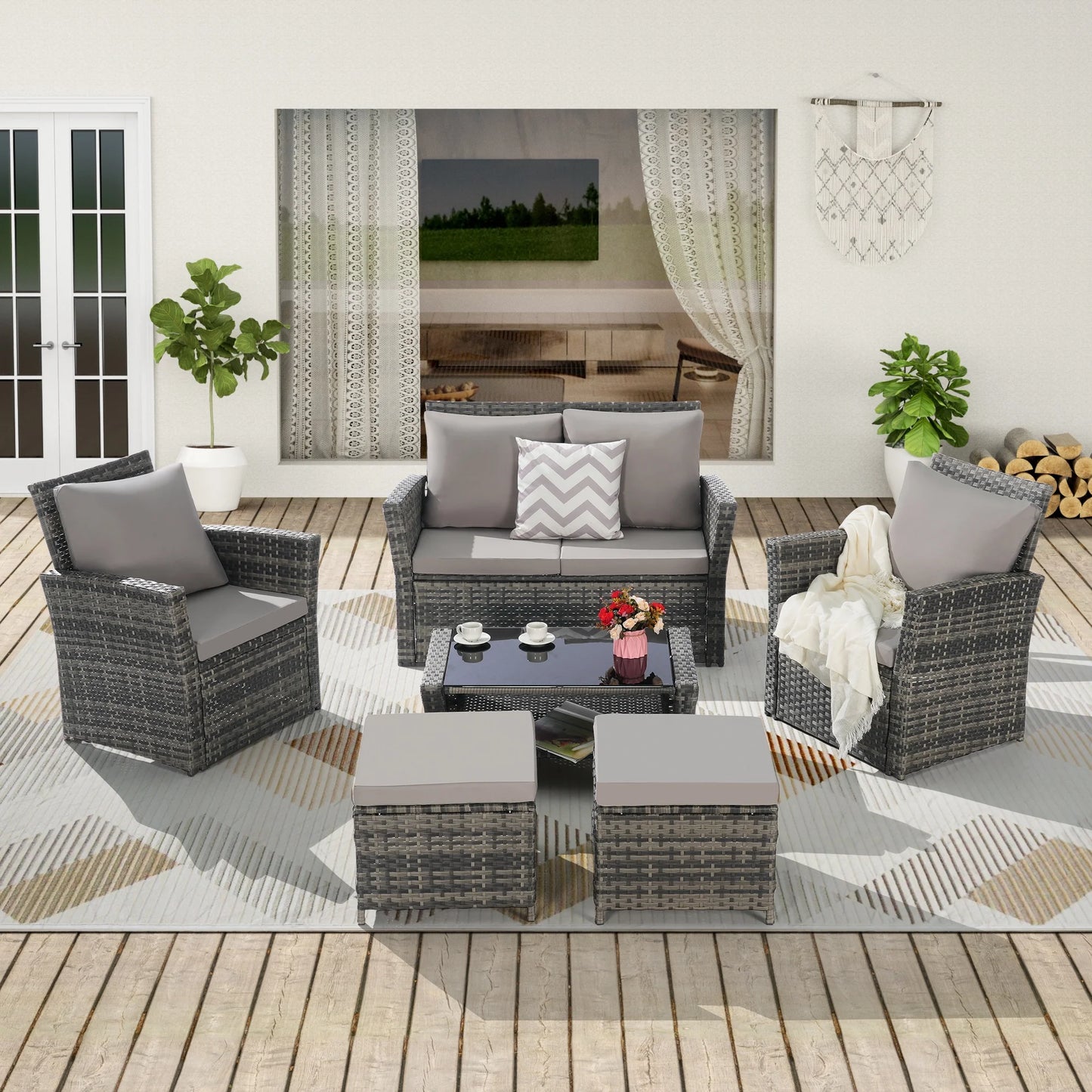 Segmart Outdoor Patio Furniture Sets with Ottoman, 6 Pieces PE Rattan Wicker Patio Conversation Set with Tempered Glass Coffee Table, Perfect for Garden, Poolside, Backyard, Light Gray