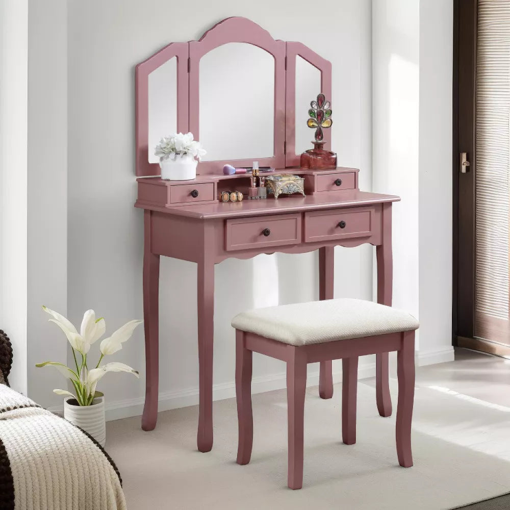 NicBex Wooden Vanity Make Up Table and Upholstered Stool Set with 3-panel Beveled Mirror for Bedroom