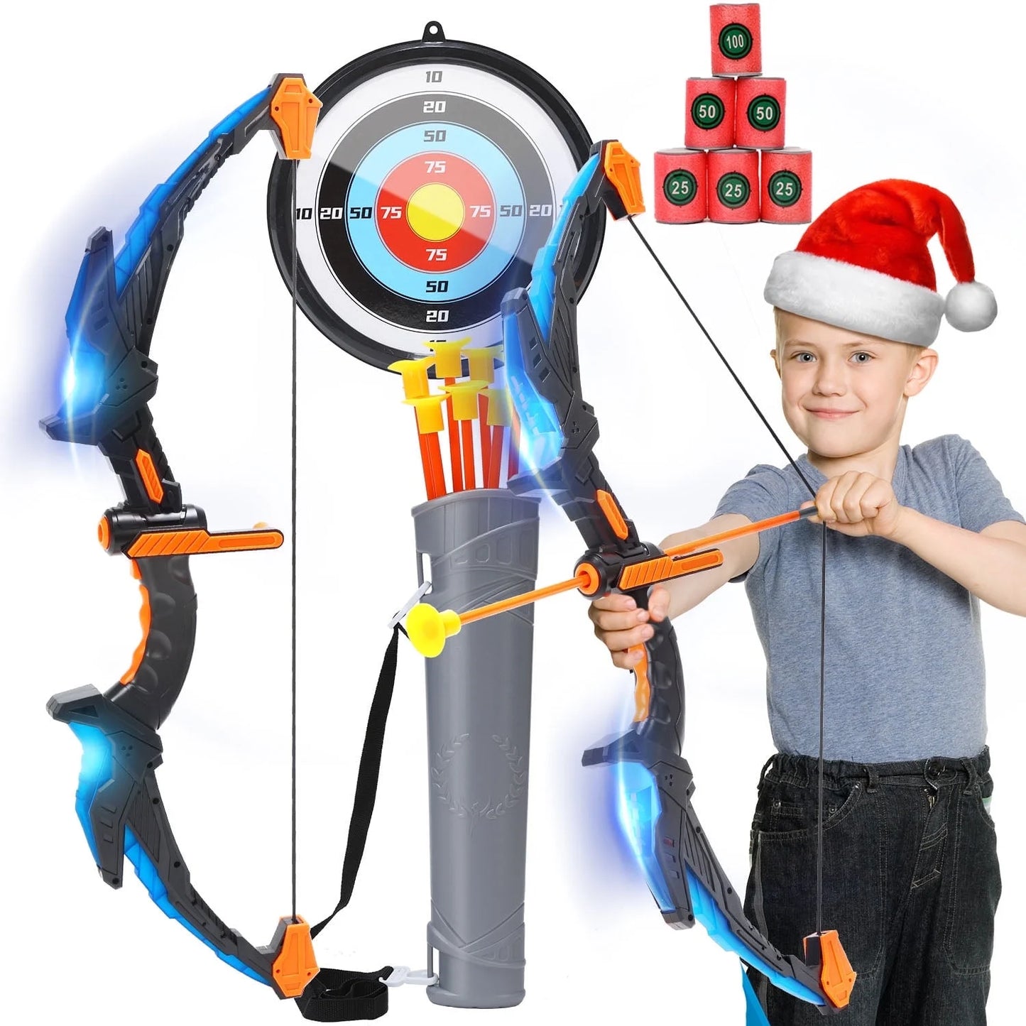 JoyStone Bow and Arrow Set for Kids- LED Light up Archery Toy Set with 8 Suction Cup Arrows, Target & Quiver and 6 Target Cans, Indoor and Outdoor Toys for Children Boys Girls, Blue