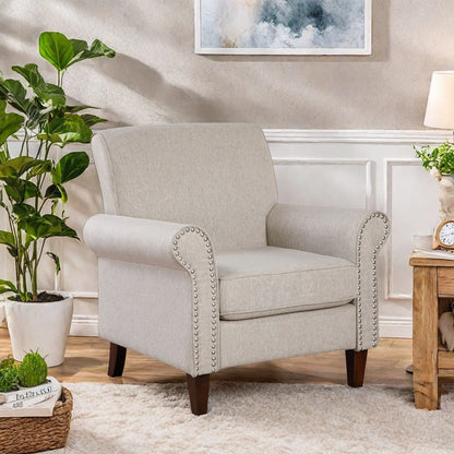 TrumanPick Linen Accent Chairs Upholstered Armchair with Nail-Head Trim Cozy Arm Chair for Living Room Bedroom,Beige