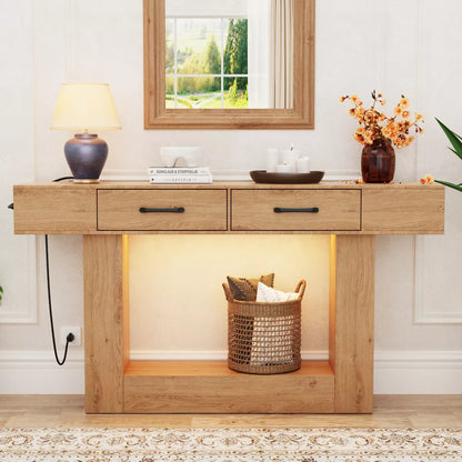 Dolonm 2-Tier 63" Console Desk with 2 Drawers,U-shaped Base with Power Outlet & USB Ports LED Lights,for Entrances,Corridors,Behind Sofas