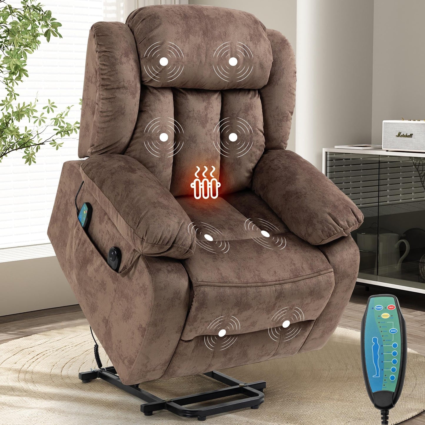 Power Lift Recliner Chair for Elderly, Heavy Duty and Safety Motion Reclining Mechanism Recliner Chair with Remote Control, Plush Fabric Sofa Living Room Chair with Overstuffed Design, Brown, SS239