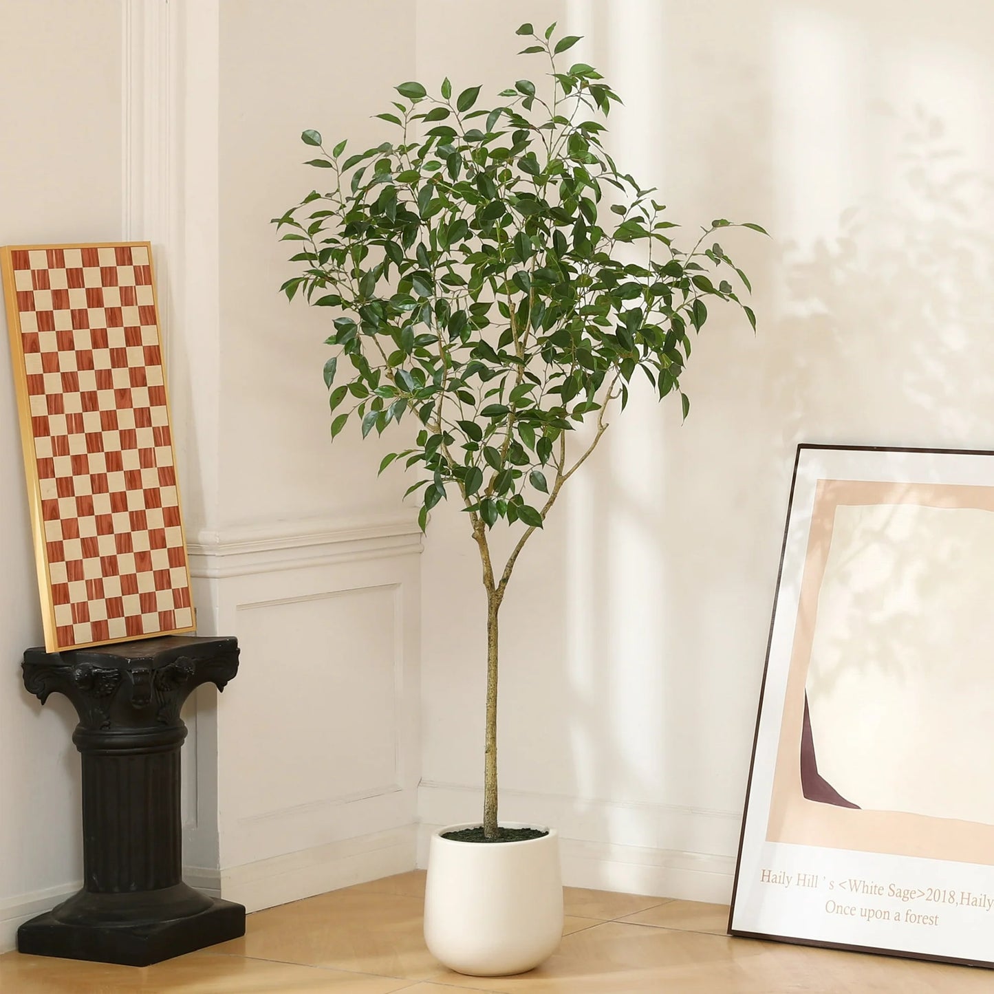 6ft Fake Ficus Tree with Oval White Planter, Pre Potted Faux Greenry Plant for Home Decor Office House Living Room Indoor Outdoor, Big Fake Plants Fake House Plants