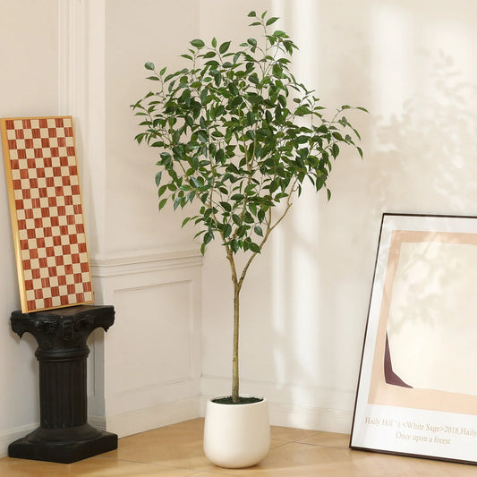 6ft Fake Ficus Tree with Oval White Planter, Pre Potted Faux Greenry Plant for Home Decor Office House Living Room Indoor Outdoor, Big Fake Plants Fake House Plants