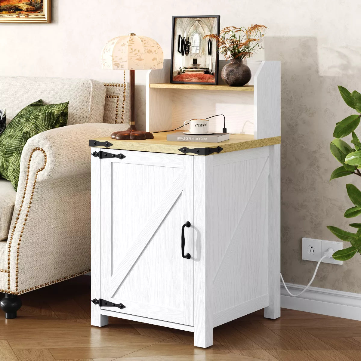 Dolonm 18" Side Table with Power Outlet & USB Ports, Bedside Table with Barn Door,Adjustable Shelf Storage Rack, for Living Room,Bedroom