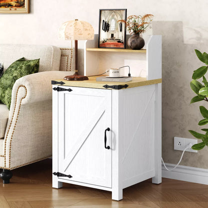 Dolonm 18" Side Table with Power Outlet & USB Ports, Bedside Table with Barn Door,Adjustable Shelf Storage Rack, for Living Room,Bedroom