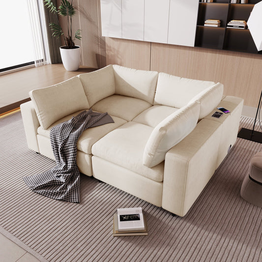 Churanty Modular Sectional Sofa with USB Charge Ports, Upholstered 4 Seater Free combination Couch with Wireless Charging and Built-in Bluetooth Speaker in Arm for Living Room Apartment,Beige