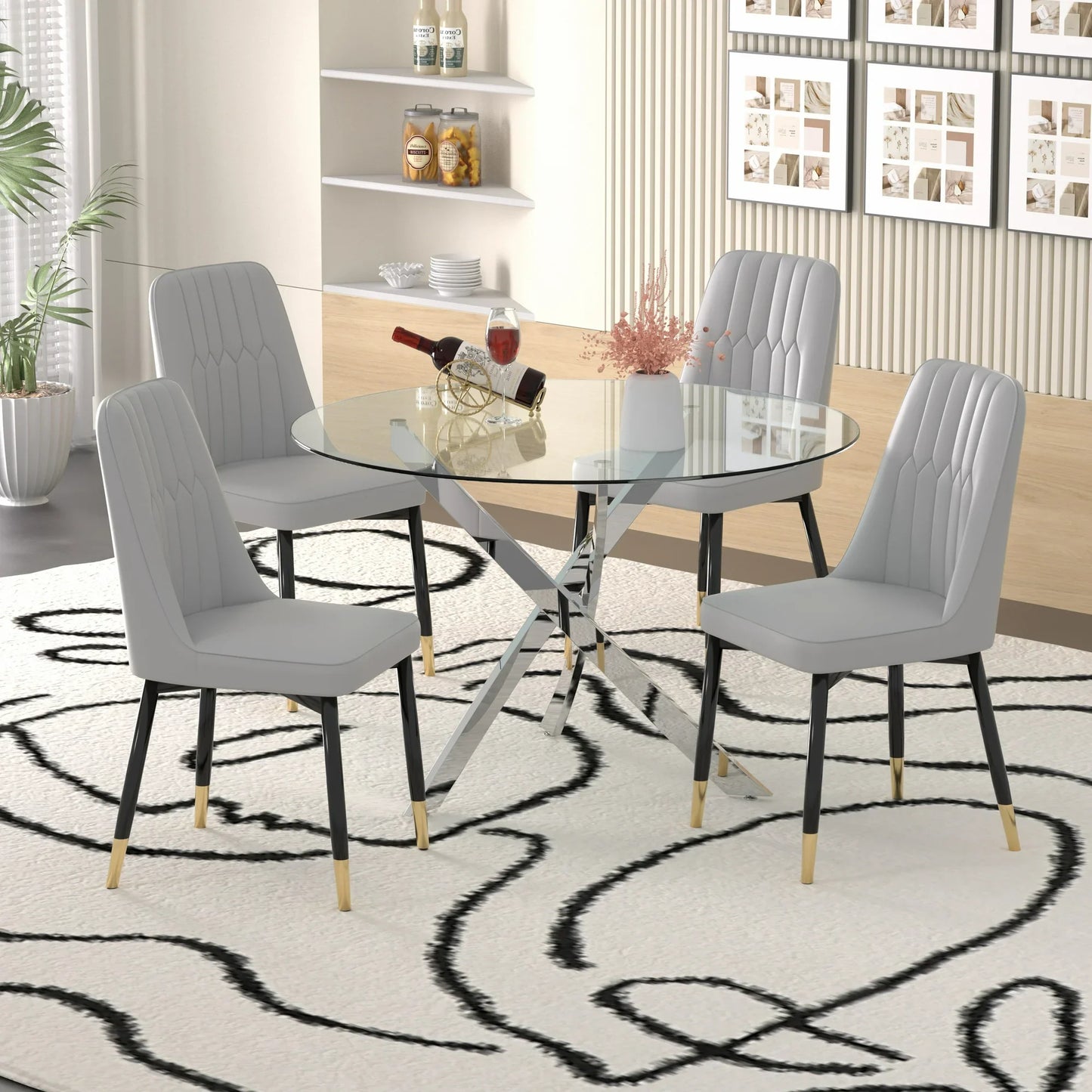 47" Modern Round Glass Dining Table Set with 4 PU Leather Chairs,Silver Base Glass Table with 4 Gray Chairs with Black Leg