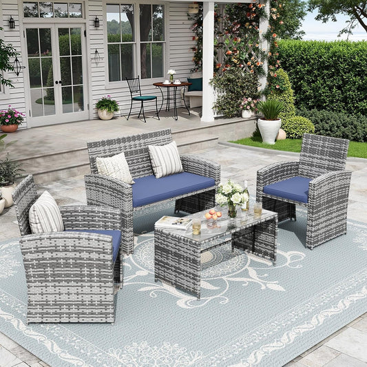 UDPATIO Patio Furniture Set 4 Pieces Outdoor Furniture with Soft Cushion and GlassTable, All Weather Manual Weaving WickerRattan Patio Chairs for Garden, Terrace, Porch,Lawn (Gray/Blue)