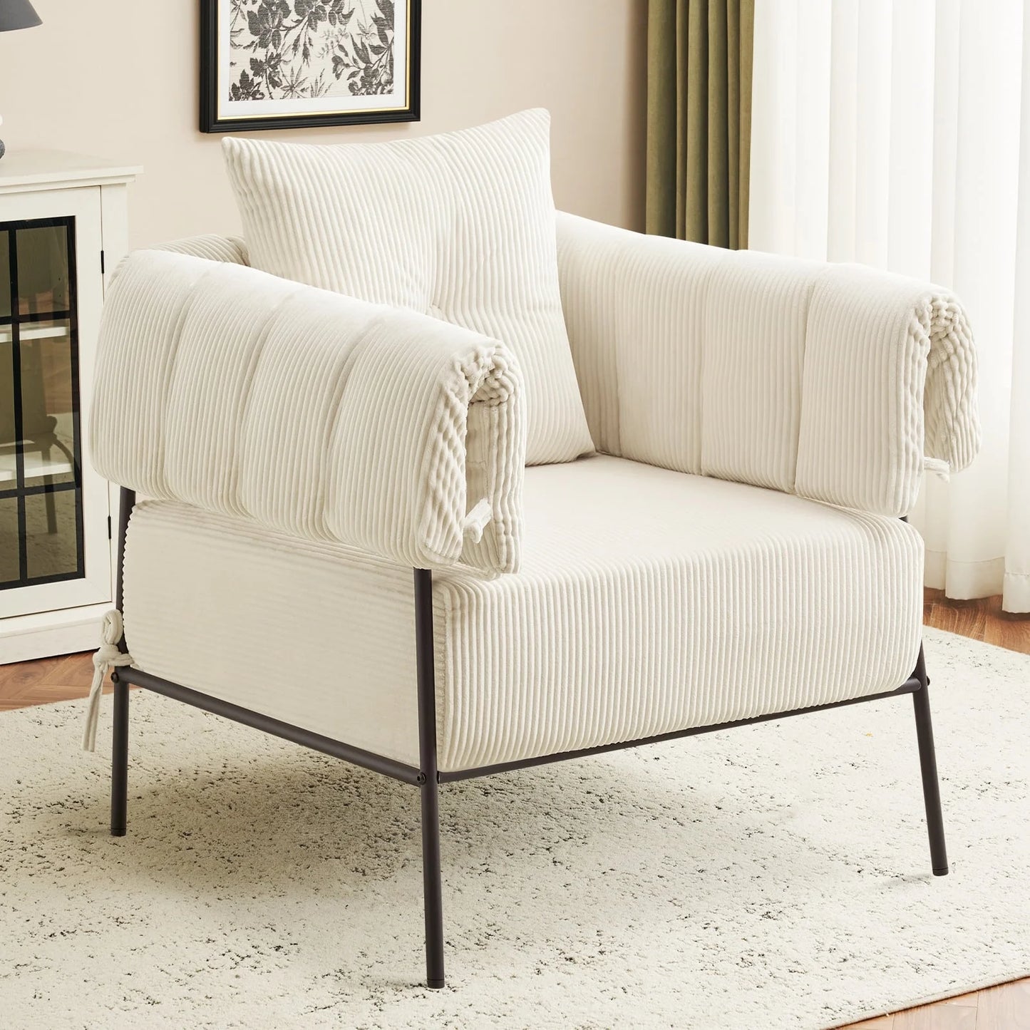 Furniliving Upholstered Accent Chair, Oversized Barrel Armchair with Thicker Seat Cushion and Pillow, Club Chair for Living Room Bedroom Makeup Room, Beige