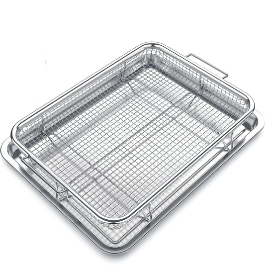 Air Fryer Basket for Oven, Large 11.8" x 15.7" Oven Air Fryer Basket and Tray Set, Stainless Steel Air Fryer Pan and Crisper Tray for Baking Grilling (Silver)